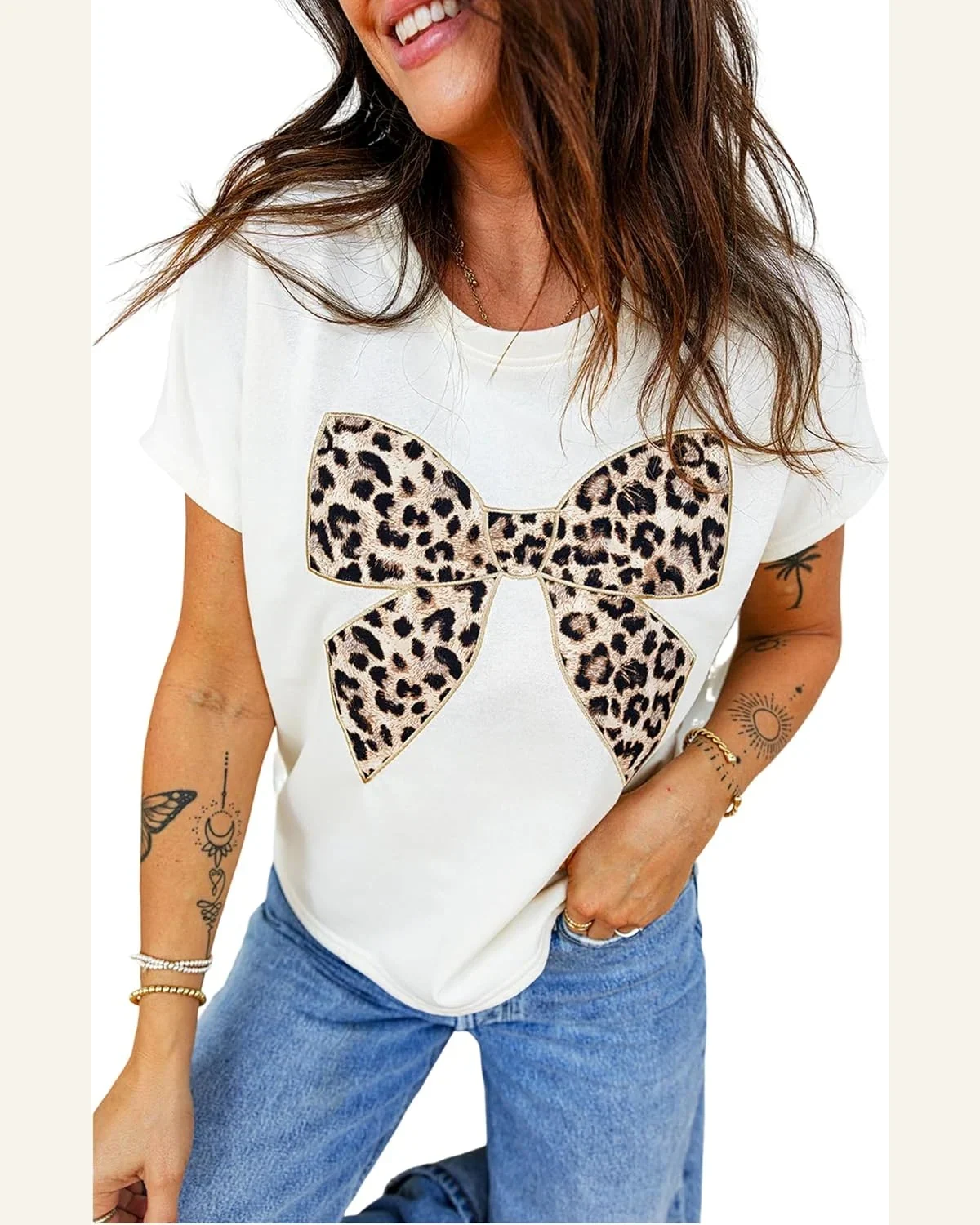 Short Sleeve Tops Summer Leopard Bow Round Neck by SELINK