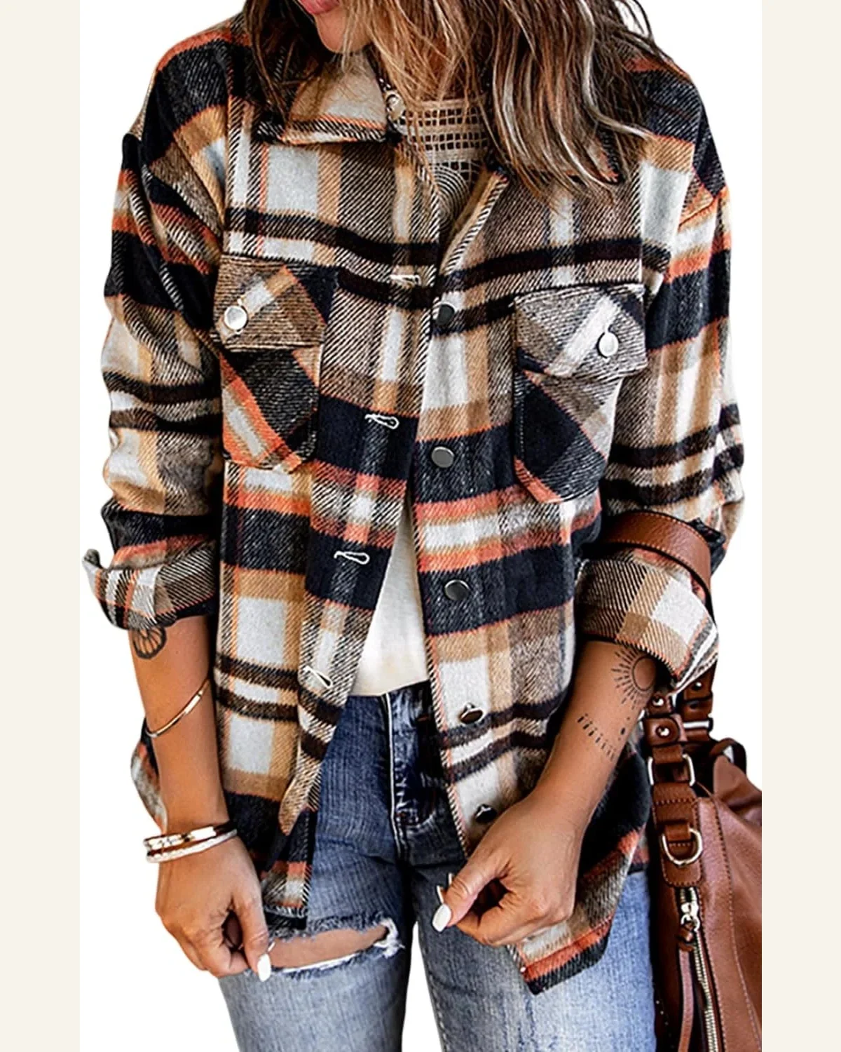 Shacket Jacket Casual Geometric Plaid Print Pocketed Shacket by SELINK