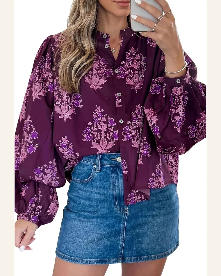 Floral Tops Long Puff Sleeve Blouse Button by SELINK