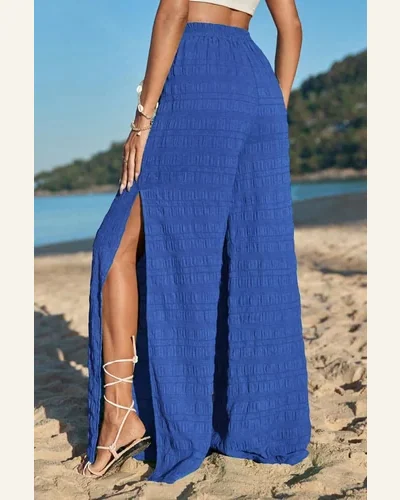 Casual Dark Blue Loose Textured Split Pants High, view 2