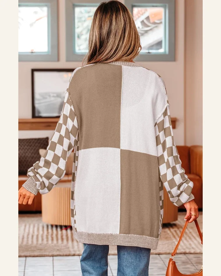 Casual Checkered Cardigan Sweater Open Front Drop Shoulder by SELINK, view 2