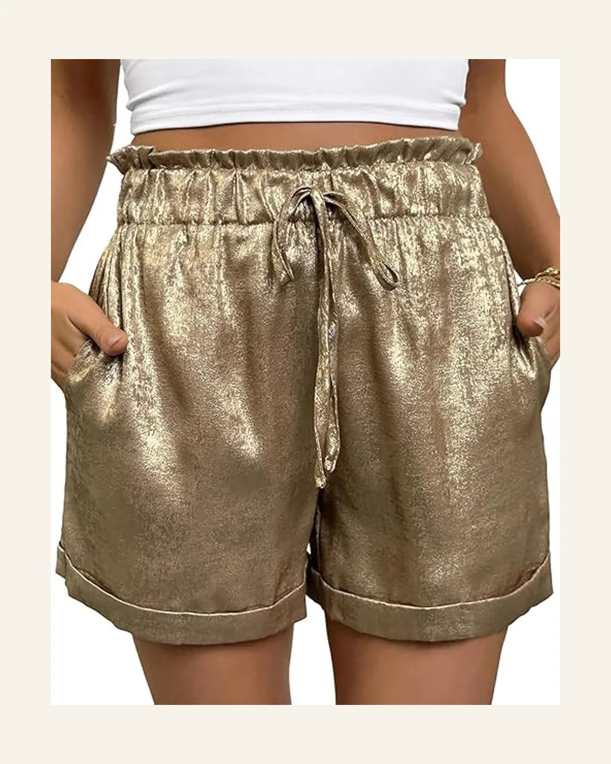 Casual Gold Metallic Luster Tie Elastic Waist Shorts by SELINK