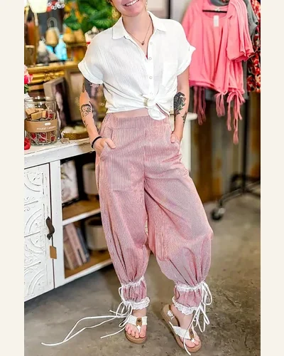 Casual Red Stripe Pants Contrast Lace Ribbon Tie, view 4