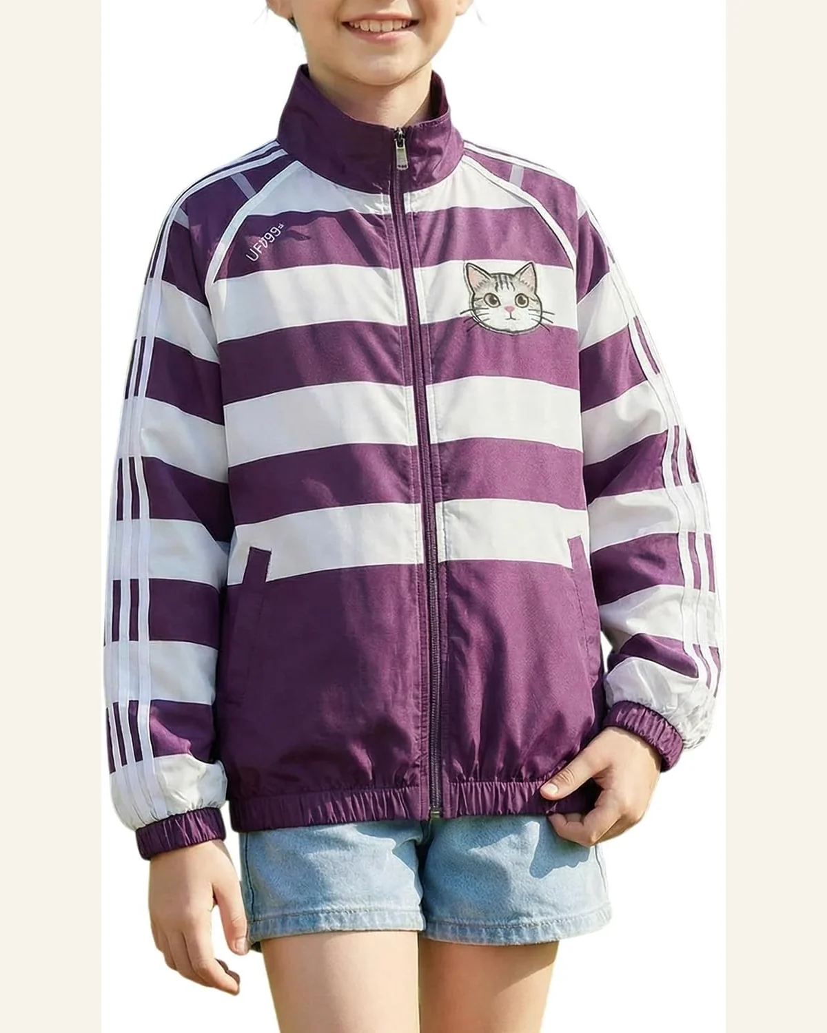 Girls Lightweight Windbreaker Jacket with Cat Embroidery Striped by SELINK