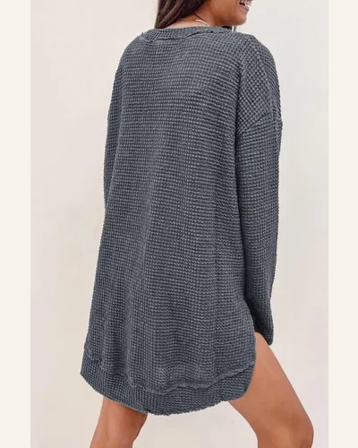 Tunic Tops Casual Gray Waffle Knit High Slits, view 2