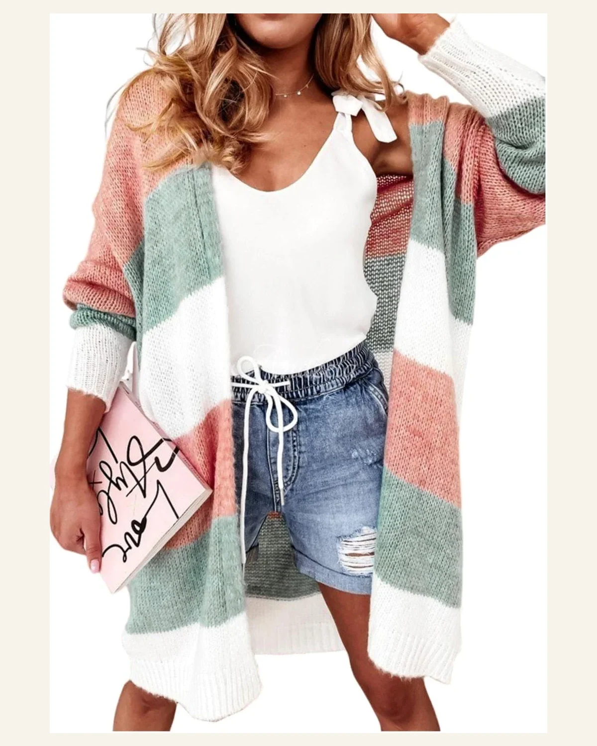Cardigan Sweater Casual Green Colorblock Stripe Open-Front Cardigan by SELINK