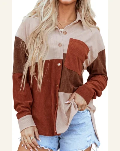 Shacket Jacket Casual Cinnamon Colorblock Curved Hem Corduroy, view 1