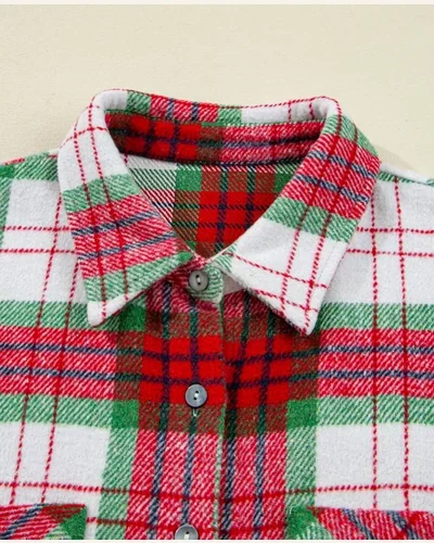 Plaid Flannel Shacket Long Sleeve Button Down Christmas, view 2
