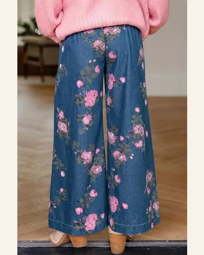 High Waisted Jeans Blue Retro Floral Tie Elastic, view 2
