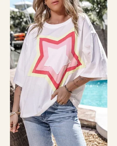 Short Sleeve T Shirt Casual White Colorblock Star, view 4