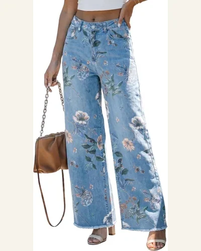 High Waisted Jeans Sky Blue Retro Floral Frayed, view 1