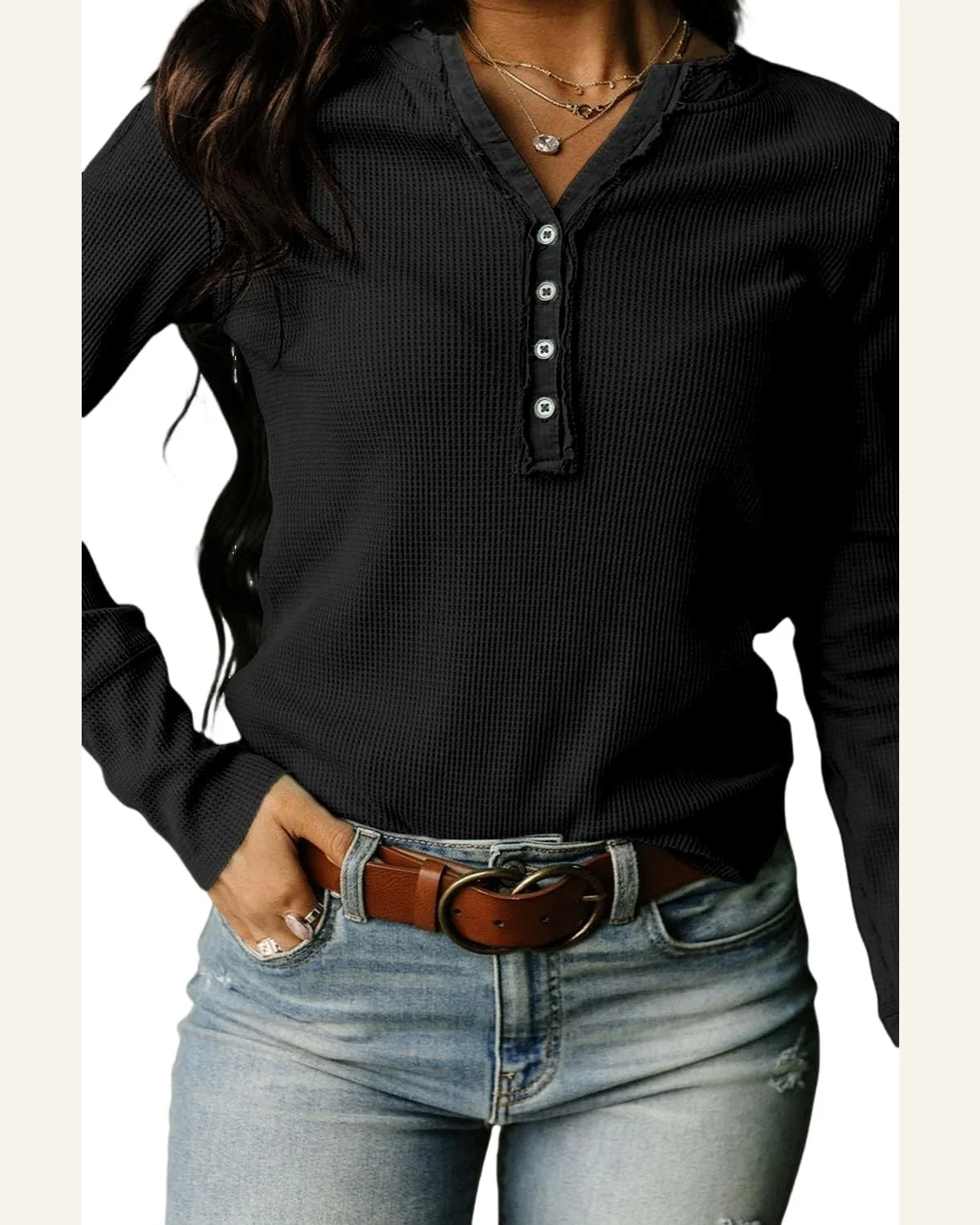 Tunic Tops Casual Black Trimmed Neckline Waffle Knit by SELINK