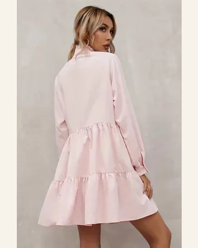 Fall Dresses Elegant Pink Frilled Stand Collar Long, view 2