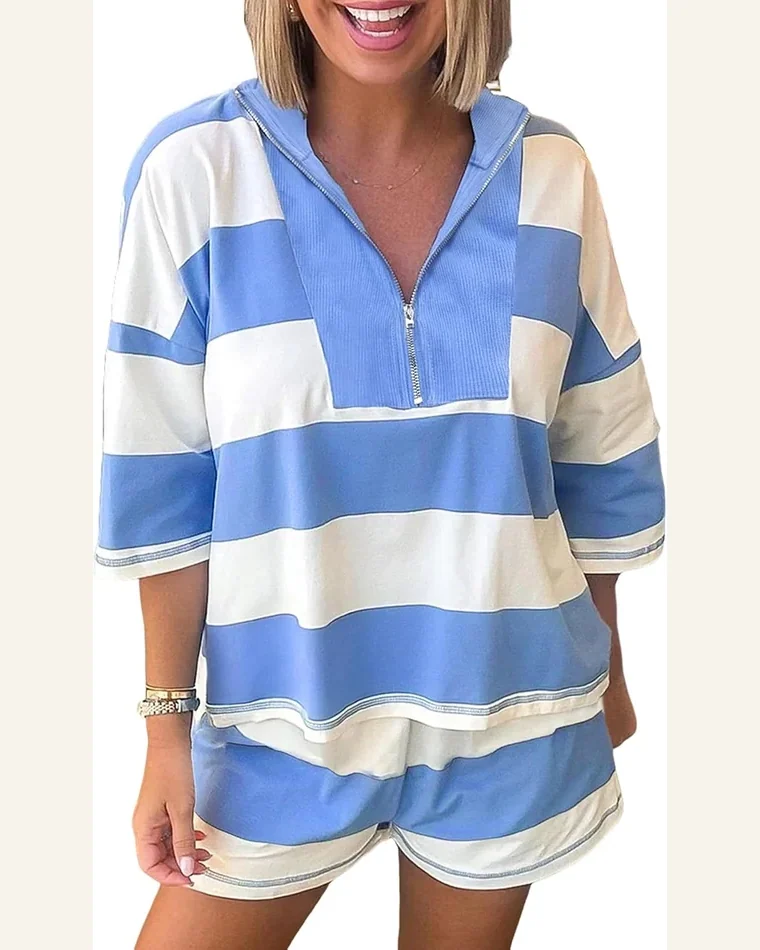 Striped Half Zip Summer 2 Piece Outfit 3/4 Set by SELINK