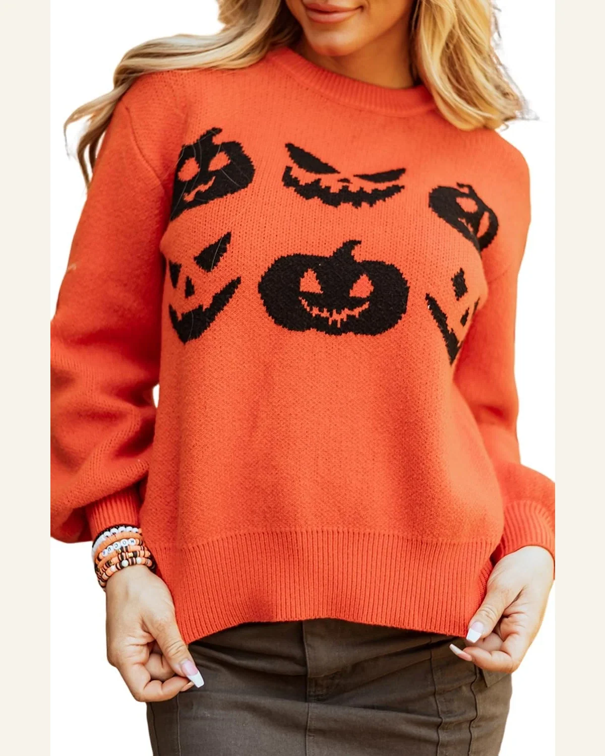Casual Orange Halloween Pumpkin Face Pattern Pullover Sweater by SELINK