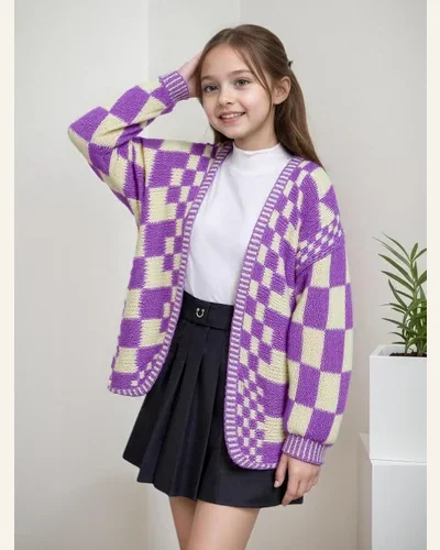 Girls Chunky Plaid Open Front Vintage Cardigan Sweater, view 2