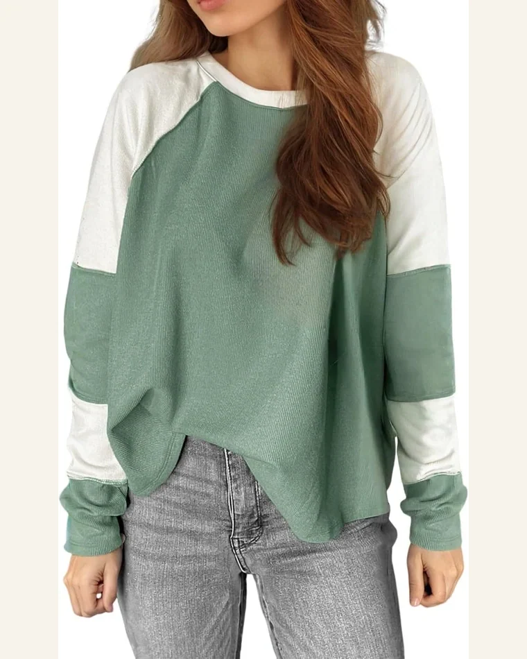 Tunic Tops Casual Mint Green Ribbed Colorblock Patchwork by SELINK