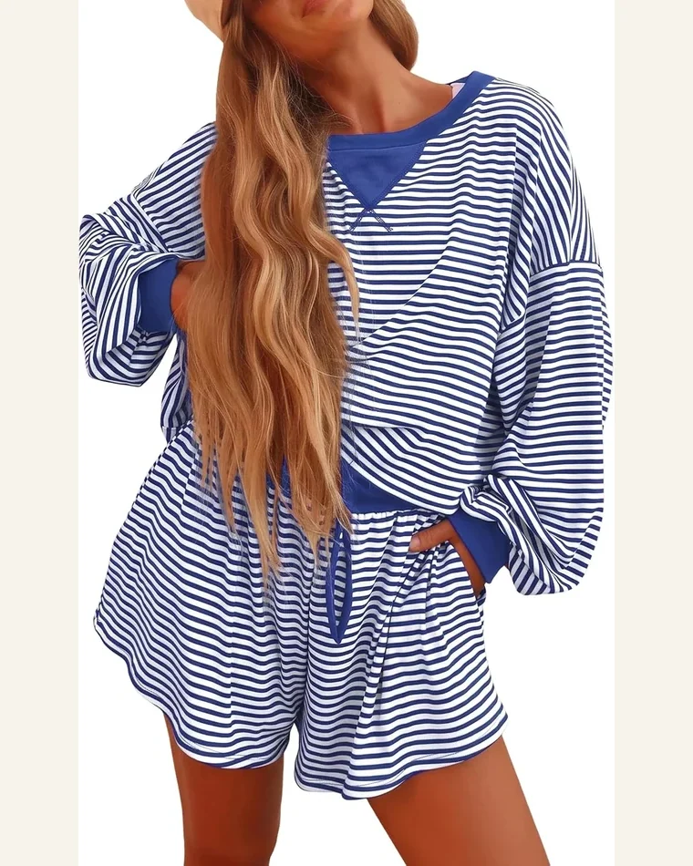 2 Piece Striped Shorts Sets Casual Loungewear Fall by SELINK