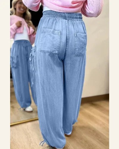Casual Beau Blue Drawstring Elastic Waist Loose Denim Jeans, view 2