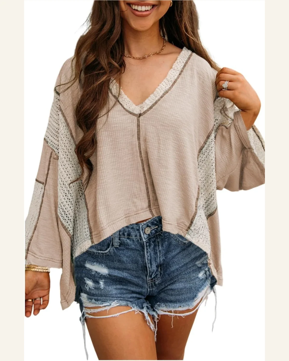Tunic Tops Casual Parchment Crochet Detail Exposed Seam by SELINK