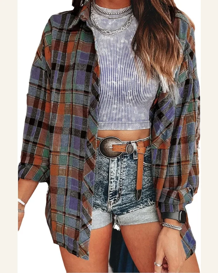 Plaid Button Down Shirts Long Sleeve Loose Vintage by SELINK
