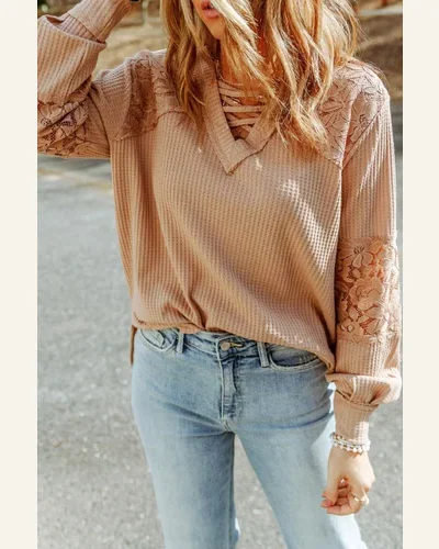 Tunic Tops Casual Apricot Lace Waffle Patchwork Strappy, view 4