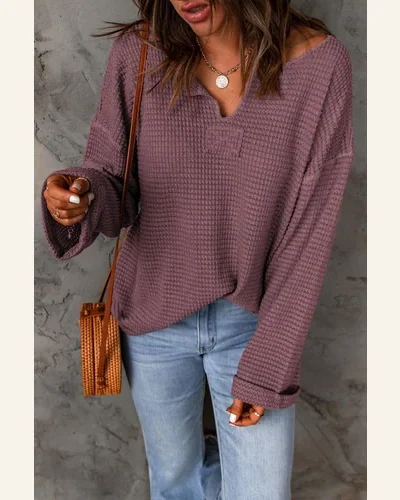Tunic Tops Casual Purple Waffle Knit Loose Long, view 4