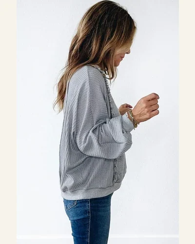 Tunic Tops Casual Light Grey Waffle Patchwork Long, view 4