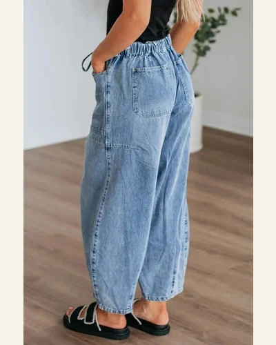 Casual High Waisted Jeans Pocket Drawstring Paperbag Waist, view 4