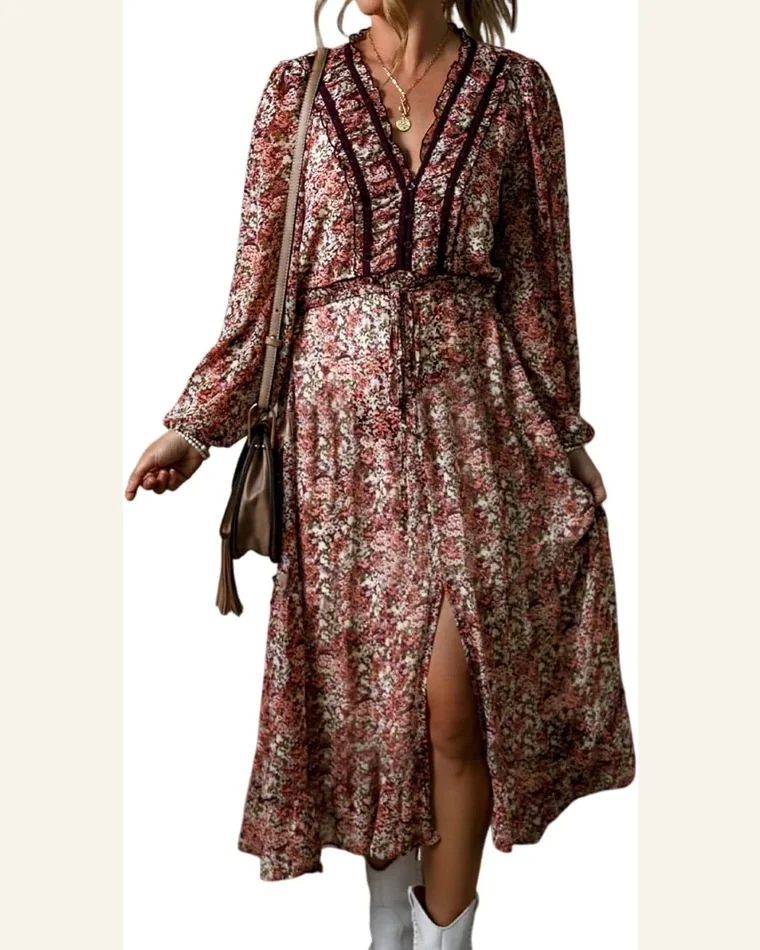 Fall Dresses Boho Brown Floral Print Split Front by SELINK