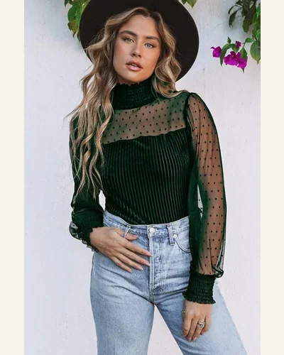 Bodysuit Vintage Green Sheer Dotty Long Sleeve Ribbed, view 4