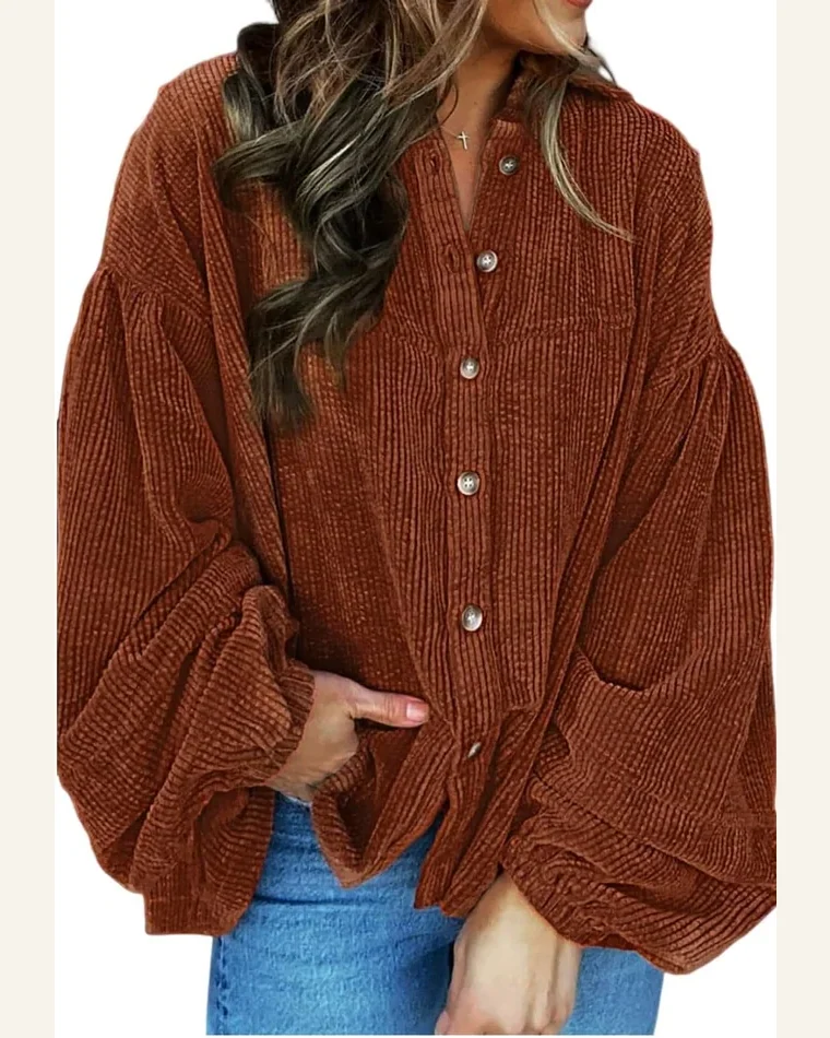 Shacket Jacket Casual Coffee Textured Corduroy Puff Sleeve by SELINK