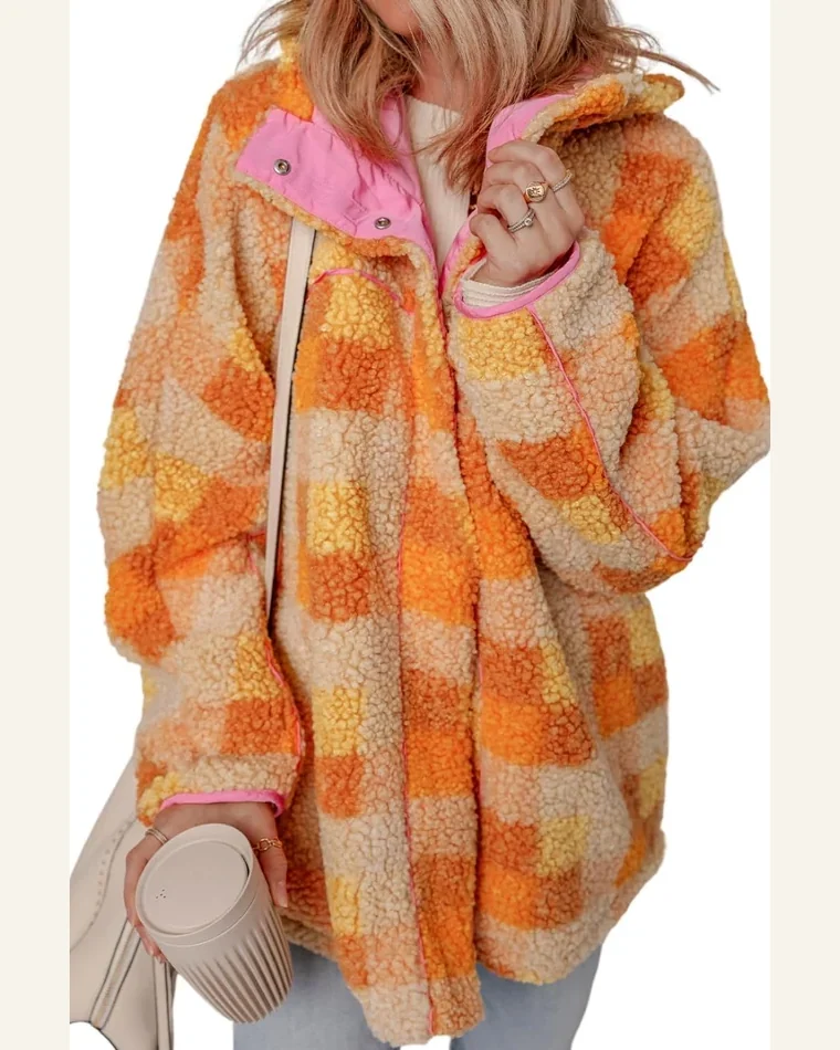 Shacket Jacket Casual Orange Checkered Sherpa Hooded Jacket by SELINK