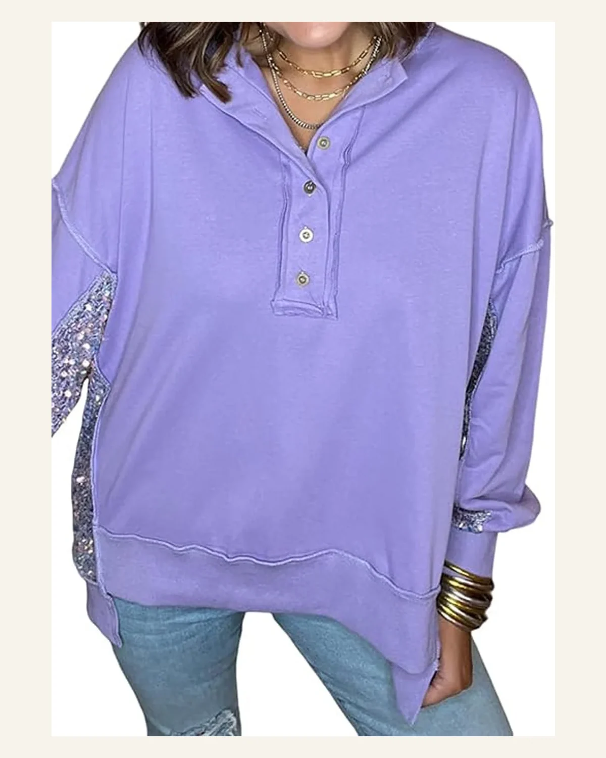 Casual Lilac Sequin Patchwork High Low Hem Henley Top by SELINK