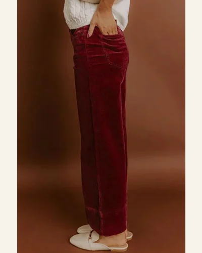 Casual Loose Corduroy Burgundy Pants High Waist Straight, view 4