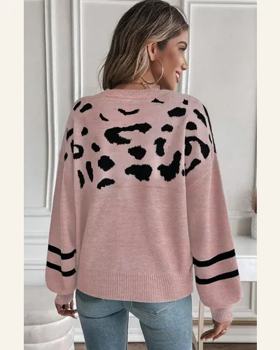 Casual Pink Leopard Striped Pullover Sweater Tops Detail, view 2