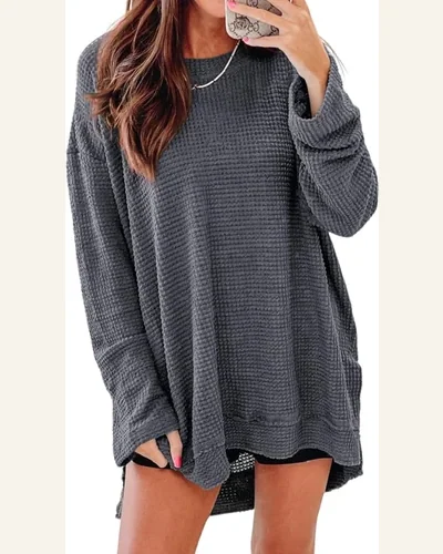 Tunic Tops Casual Gray Waffle Knit High Slits, view 1