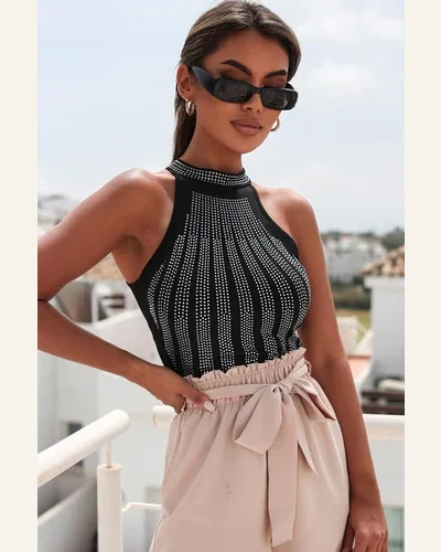 Bodysuit Black High Neck Sleeveless Diamante Bodysuit Sleeveless, view 4