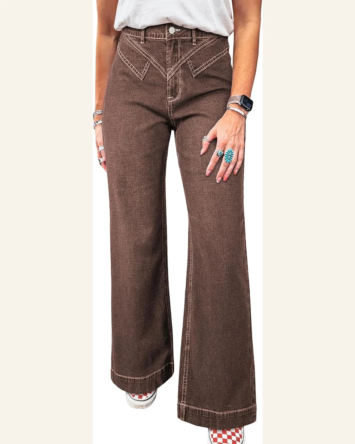 Casual Brown High Waisted Jeans Stitched Waist Loose by SELINK