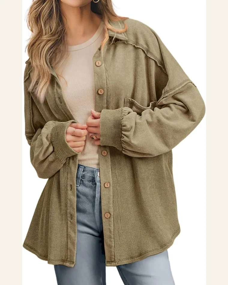Shacket Jacket Casual Moss Green Waffle Knit Patchwork by SELINK