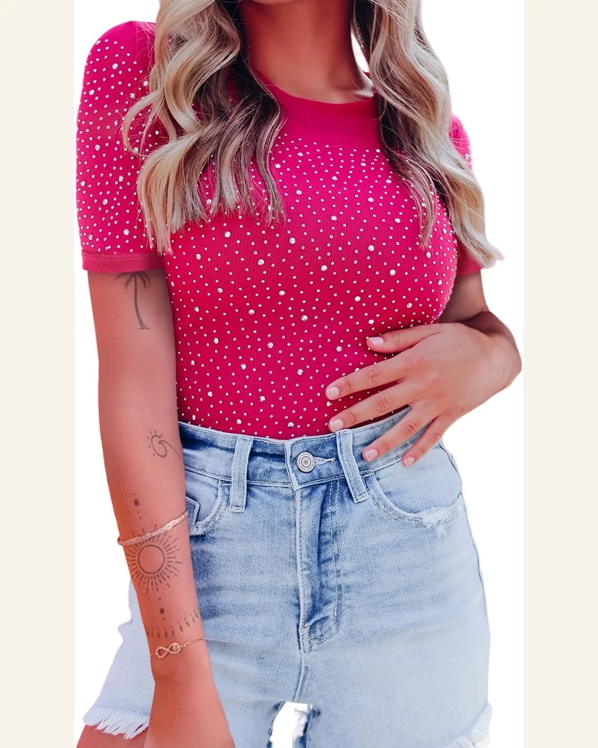 Bodysuit Casual Rose Rhinestone Allover Round Neck Short by SELINK
