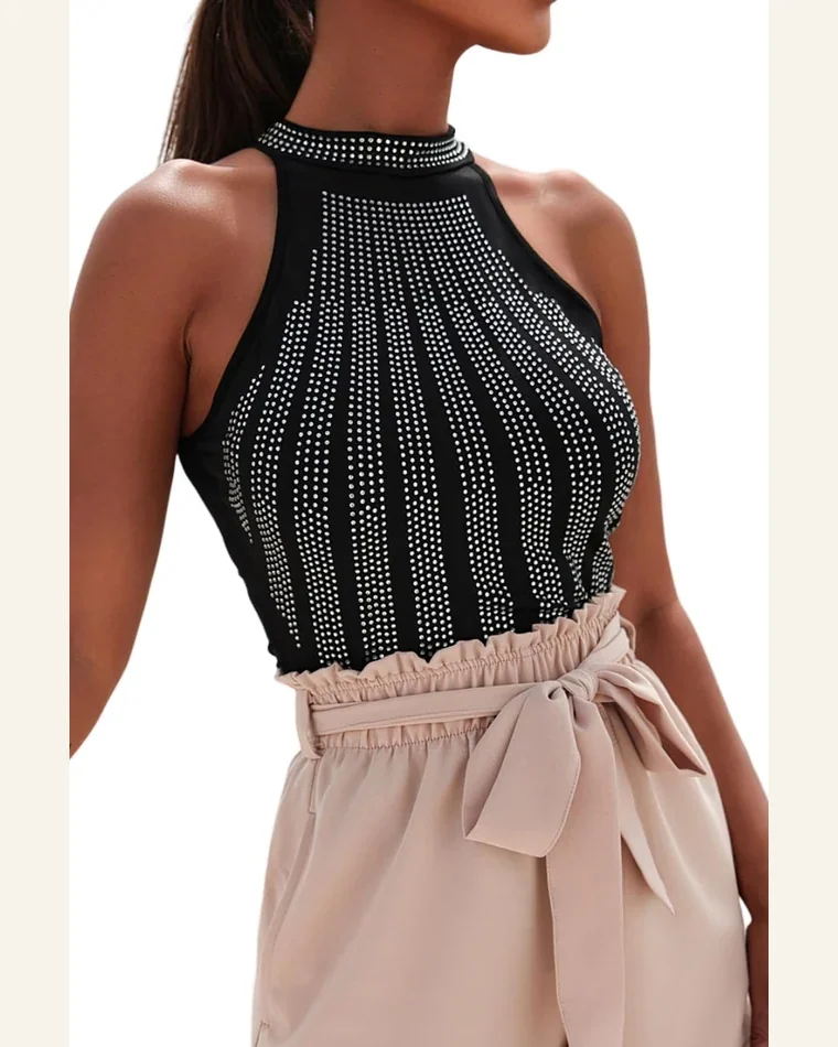 Bodysuit Black High Neck Sleeveless Diamante Bodysuit Sleeveless by SELINK