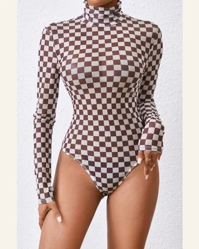 Bodysuit Brown Checkered Printed Long Sleeve High Neck, view 4