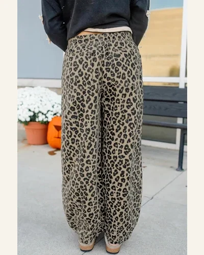 Casual Khaki Leopard Print Drawstring Loose Denim Pants, view 2