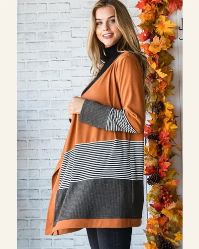 Cardigan Sweater Casual Orange Colorblock Striped Patchwork Open, view 3