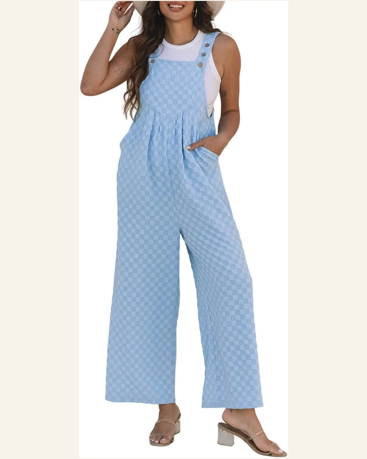 Casual Loose Beau Checkered Pocketed High Waist Straight Jumpsuit by SELINK