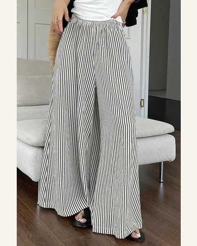 Casual Loose Black Stripe Elastic High Waist Pants, view 4