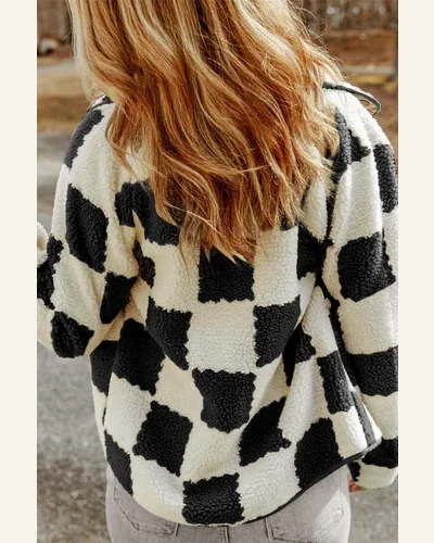 Casual Black Checkerboard Shacket Jacket Snap Button Boucle, view 3