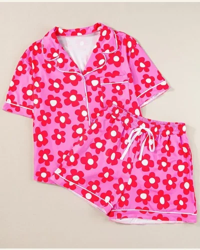 Summer Pajamas Sets Short Sleeve Flower Button, view 2