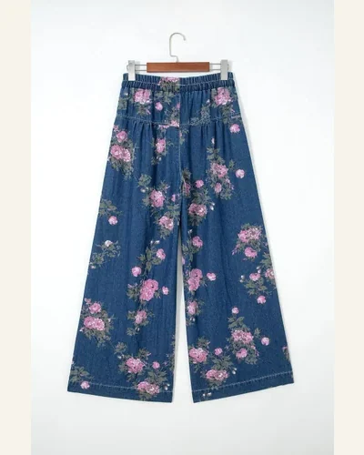 High Waisted Jeans Blue Retro Floral Tie Elastic, view 4